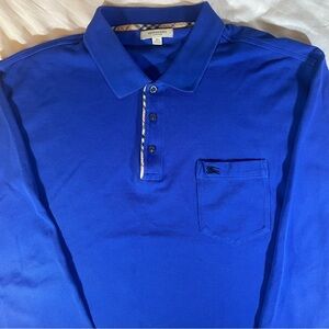 Vintage Blue Burberry Check pattern long sleeve polo shirt with chest pocket